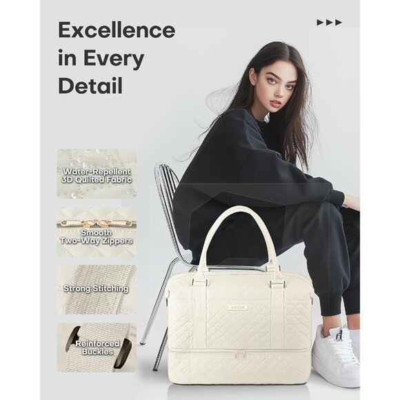 Hotor Women Beige Large Overnight with Shoe Compartment Travel Duffel Bag - Picture 5 of 7